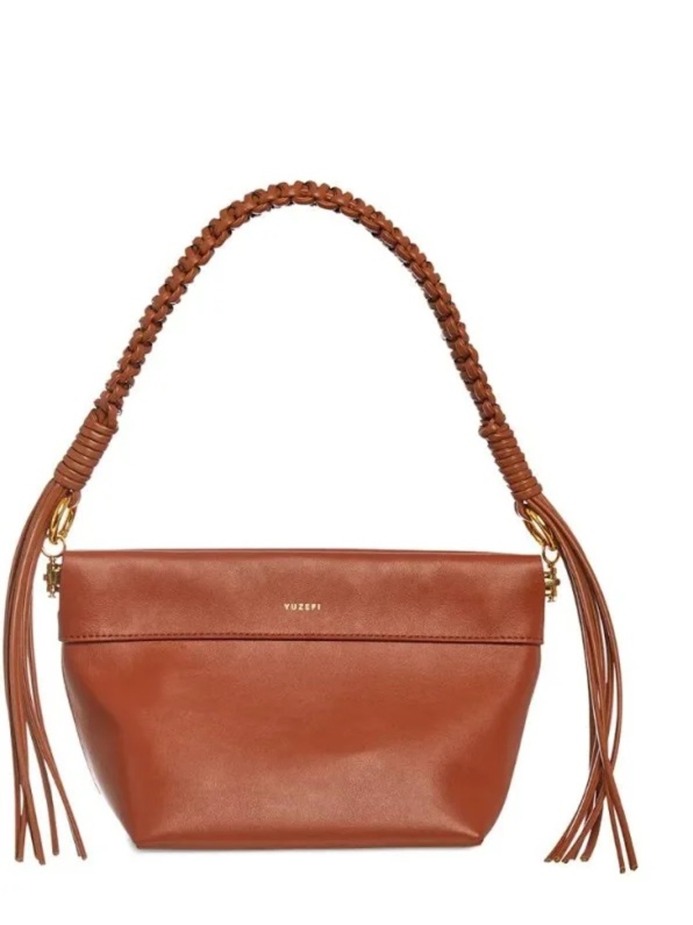 Yuzefi Brown Braided-Handle Leather Shoulder Bag with Tassel